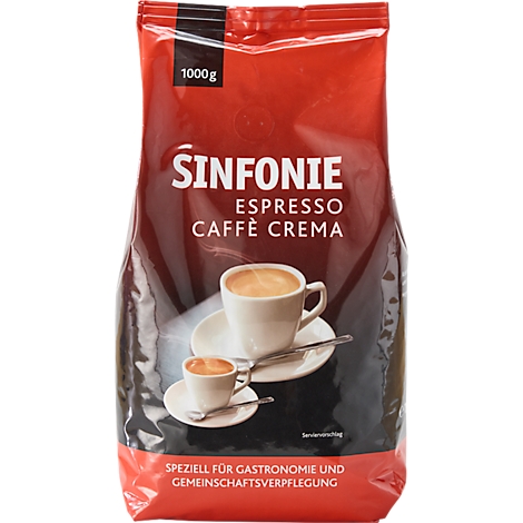 Kaffeepackung, rot, mit "Sinfonie Espresso Caffè Crema"-Schriftzug. Abbildung einer Kaffeetasse, darunter eine kleinere.
