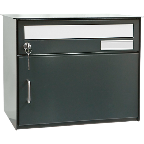 Dark green mailbox with door and key. Above the door is a white name plate.