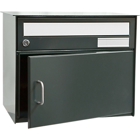 Dark grey mailbox, door open. Top slot with white label. Bottom door with handle.
