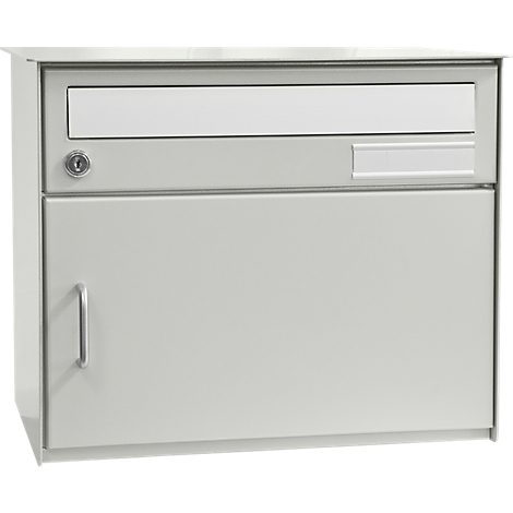 Light grey mailbox with slot, lock and door. A slot for letters at the top, a door with handle below.