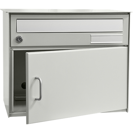 Gray mailbox with open door. The box has a slot for mail and a nameplate.