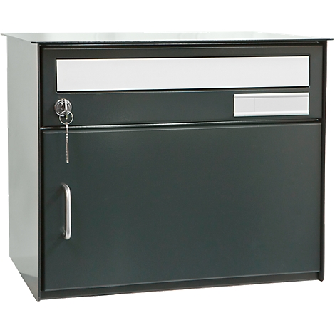 Dark green mailbox with key and door handle. A white field is located in the upper area.