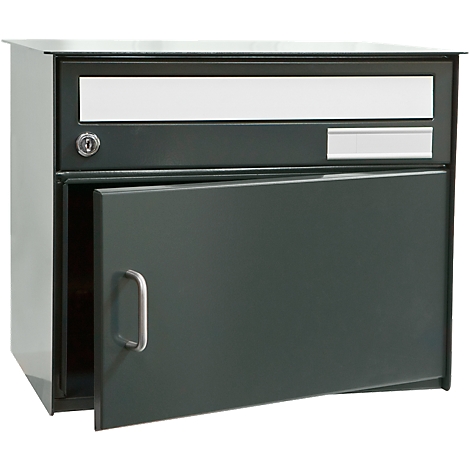 Dark green rectangular mailbox with open door. Name plate and lock above the door. The handle is silver.