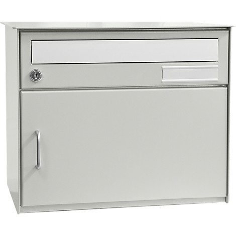 Grey, lockable mailbox with slot, nameplate, and door with handle.
