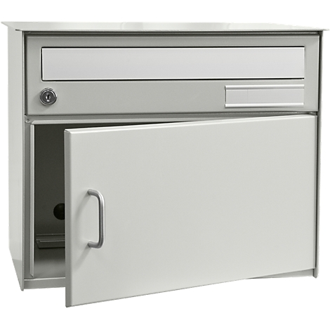 Grey mailbox with open door. Slot at the top, door below with handle. Key in lock.
