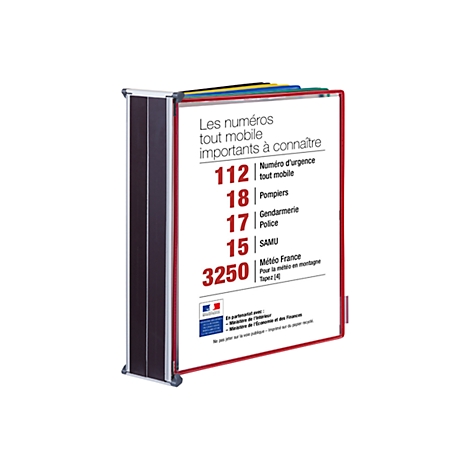 Un cartel con marco rojo que muestra números de emergencia: 112, 18, 17, 15 y 3250. Texto: Les numéros importants à connaître. Bandera francesa en la parte inferior.