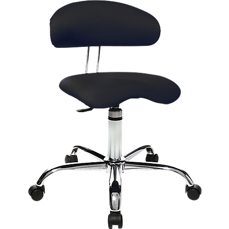 Black saddle chair with backrest, castors and chrome frame.