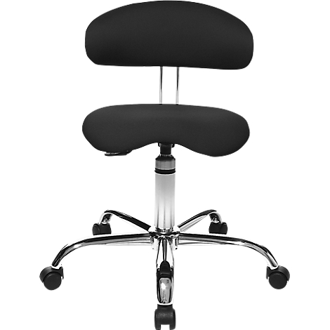 Black saddle chair with backrest and wheels, against a white background.