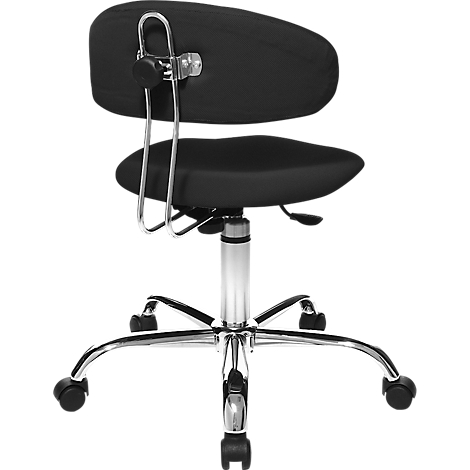 Black office chair with castors, backrest and seat. Chrome-plated frame and bracket.