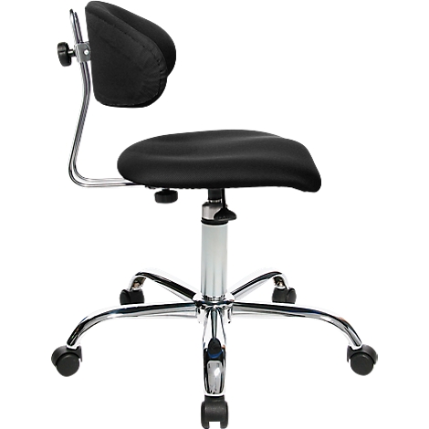 Black office chair on wheels, chrome-plated. The seat is padded and ergonomically shaped. The backrest is also black.