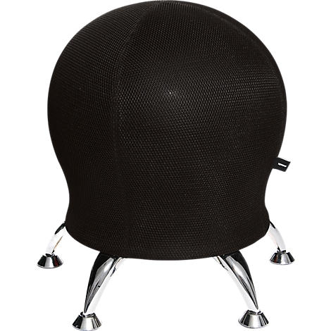 Black ball-shaped office chair with chrome legs. The chair has a mesh structure and stands on four legs.