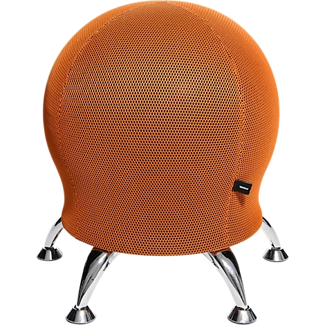 Orange ball chair with chrome legs. The seat has a honeycomb pattern and a small black label.