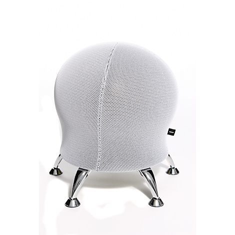 White, spherical stool with silver legs. It has a cover with a mesh structure.