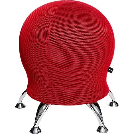 A red, ball-shaped office chair with chrome legs. The seat cover is made of woven fabric.