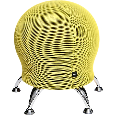 Yellow, ball-shaped stool with chrome legs.