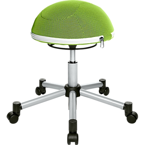 A green office chair with a hemispherical seat, zipper, and wheels.