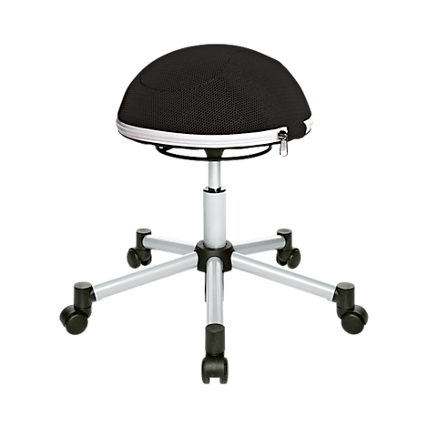 Round, black office chair, ball shape, white zipper seam, adjustable height, silver base, 5 castors.