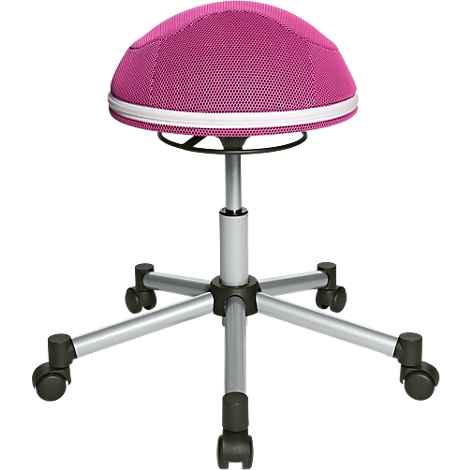 Pink office chair with fabric cover, white trim, and silver frame with wheels.