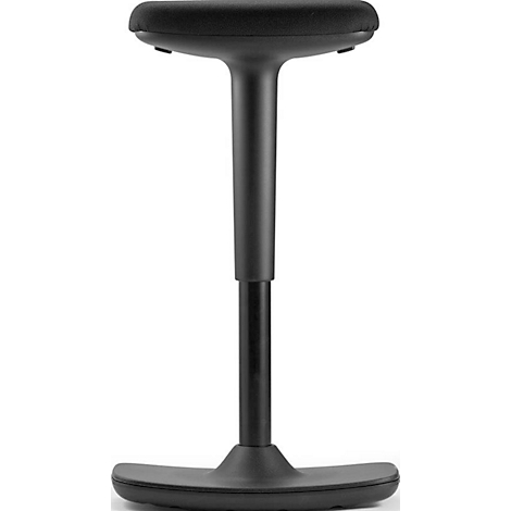 Black adjustable height stool on a white background. Round seat, pole, and crescent-shaped base.