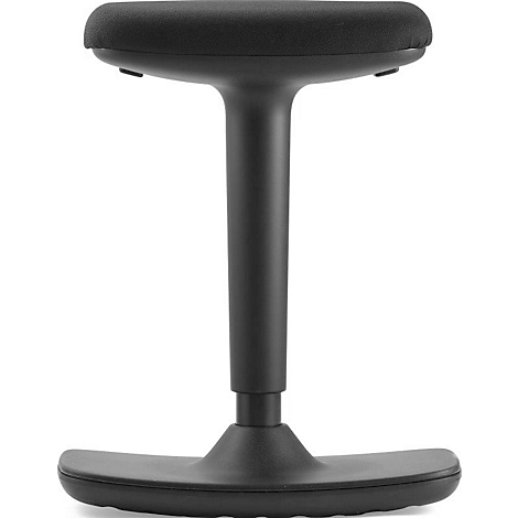 Black stool with a round, padded seat and a slender central support post. The base has an arched base.
