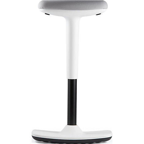 White and black standing stool, gray seat, minimalist design.