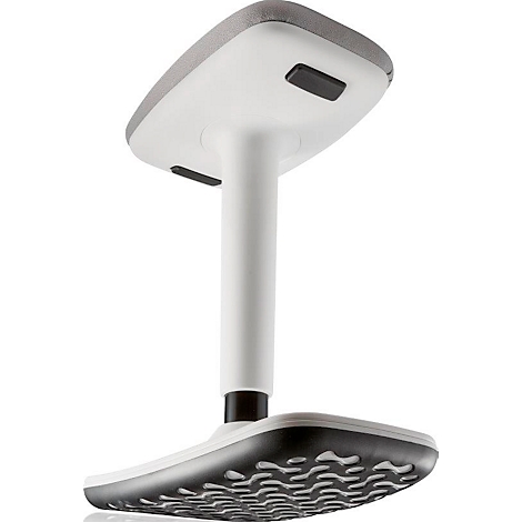 A white, freestanding product with rectangular top and bottom. Gray edge and black details.