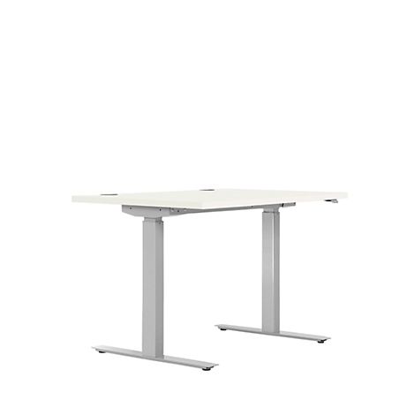 A height-adjustable desk with a white tabletop and silver legs, against a white background.