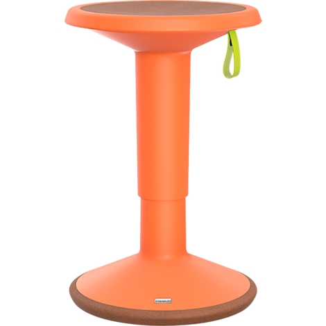 Stehhilfe in Orange mit brauner Sitzfläche, Griffband und verstellbarer Höhe.