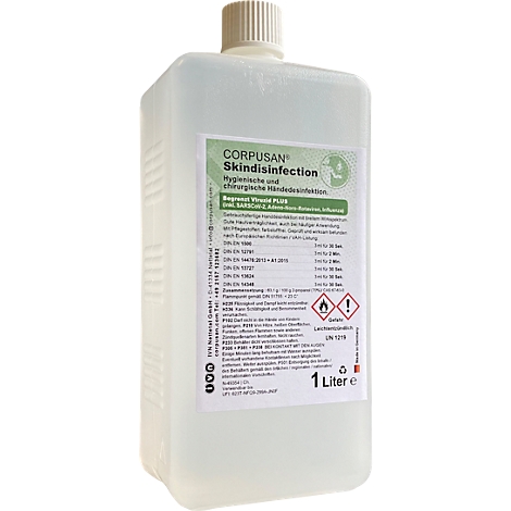 Transparent disinfectant bottle with label, which says CORPUSAN Skin disinfection, 1 liter.