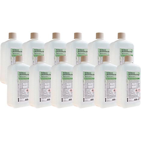 Multiple disinfectant bottles, white with green labels and brown caps, against a white background.