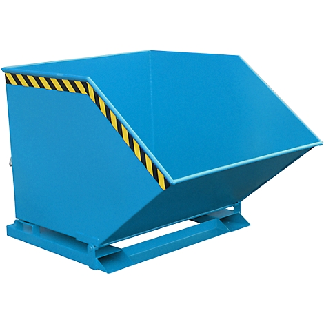 Blue metal skip bin with yellow and black warning stripes. Skip bin stands on a metal frame.