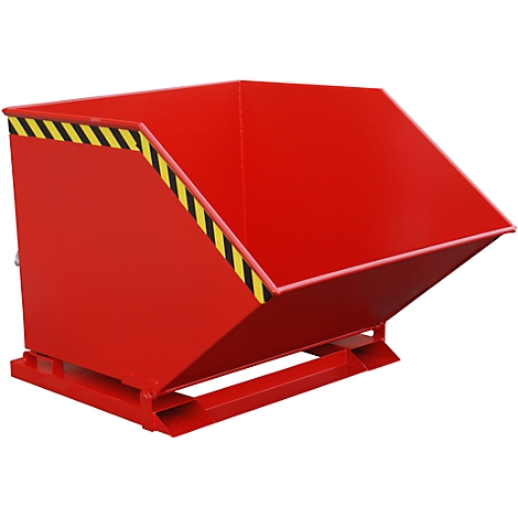 Red tipping skip, photographed diagonally from the front, with yellow and black warning stripes.
