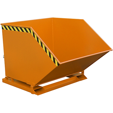 Orange metal container with slanted top and black and yellow warning stripes.