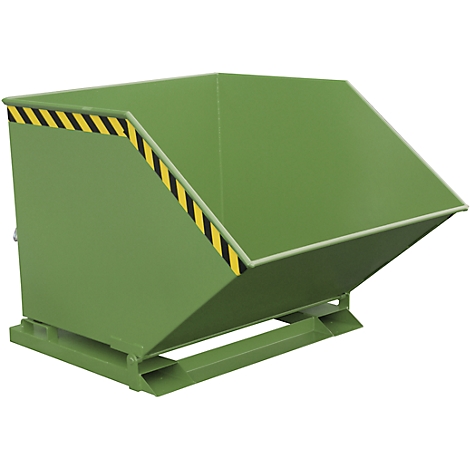 Green tipping skip with black and yellow warning marking.