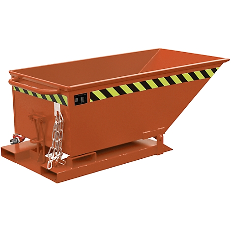 Orange skip bin with black and yellow warning tape. Chains and valve on the side.