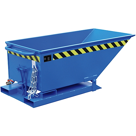 Blue skip with yellow and black warning marking. Chain and lever mechanism visible.