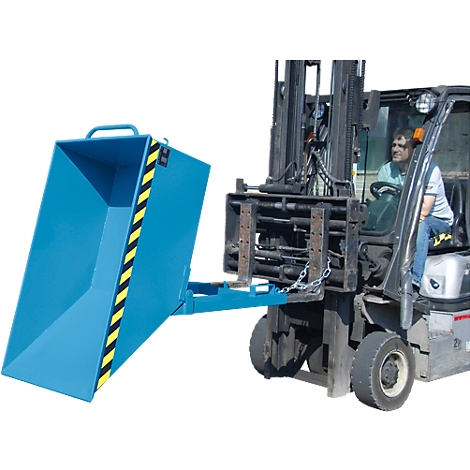 A blue tipping skip attached to a forklift fork. The skip is marked with a yellow and black stripe and is operated by a man.