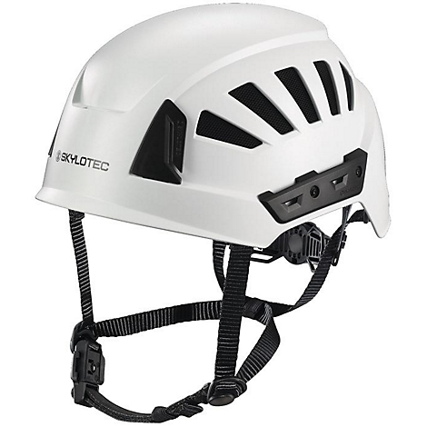 Casque de protection blanc avec détails noirs et jugulaire. Logo du fabricant SKYLOCTEC.