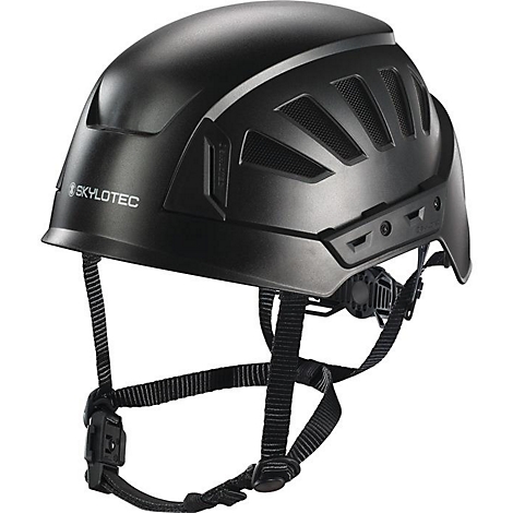 Casque noir avec jugulaire et l'inscription "Skylotec".