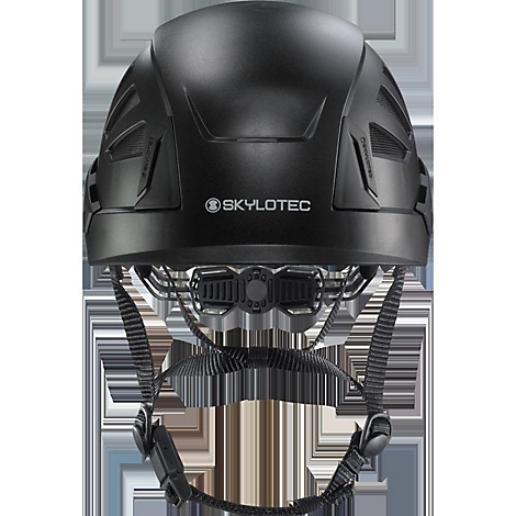Casque de sécurité noir avec logo SKYLOCTEC, jugulaire et fentes d'aération.