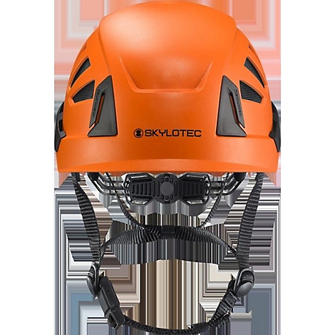 Casque de sécurité orange avec intérieur noir et jugulaire. Le logo "SKYLOTEC" est affiché sur le casque.