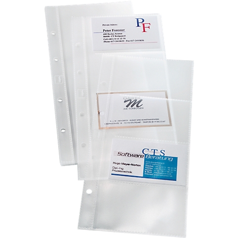 Clear plastic sleeves with business cards. Several transparent sheets with cards in different formats. Labeling is visible.
