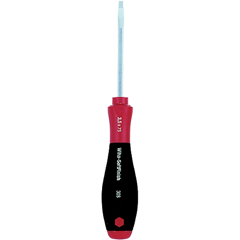 Schroevendraaier met rode en zwarte handgreep, witte punt, merk "Wiha-SoftFinish".