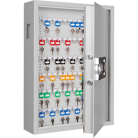 Open sleutelkast met veel sleutels, gekleurde tags en slot.