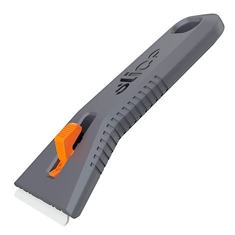 Un grattoir gris avec curseur orange, lame blanche, sur fond blanc. La poignée porte le mot "Slice".