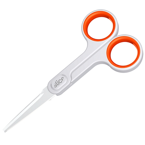 Schere, weiß mit orangefarbenen Griffen, "slice" Schriftzug.