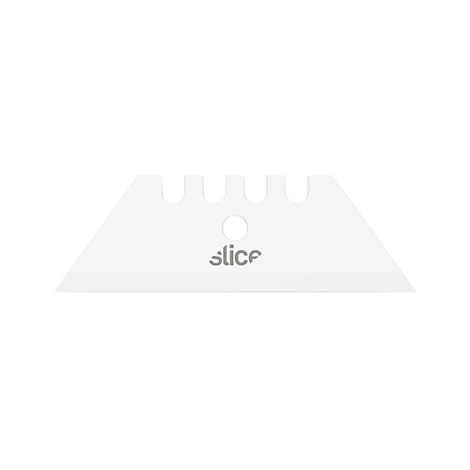 Lame blanche, trapézoïdale, avec trois découpes sur le bord supérieur et un trou. Le mot "slice" est placé au milieu.