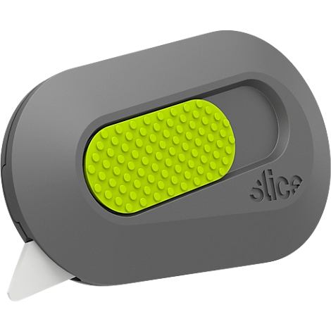 Gray safety cutter with green slider and white blade, with the word Slice.