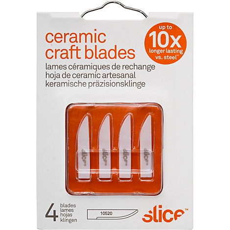 Packaging with four white ceramic craft blades. Top right states "up to 10x longer lasting vs. steel".