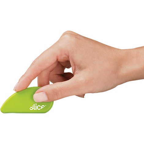 Hand holding a green object with the word 'slice'.